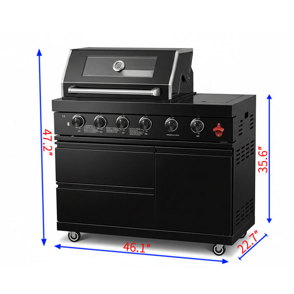 46"  Four Burners Black Outdoor Kitchen Islands Grill + Side Burner