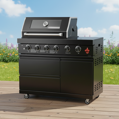 46"  Four Burners Black Outdoor Kitchen Islands Grill + Side Burner