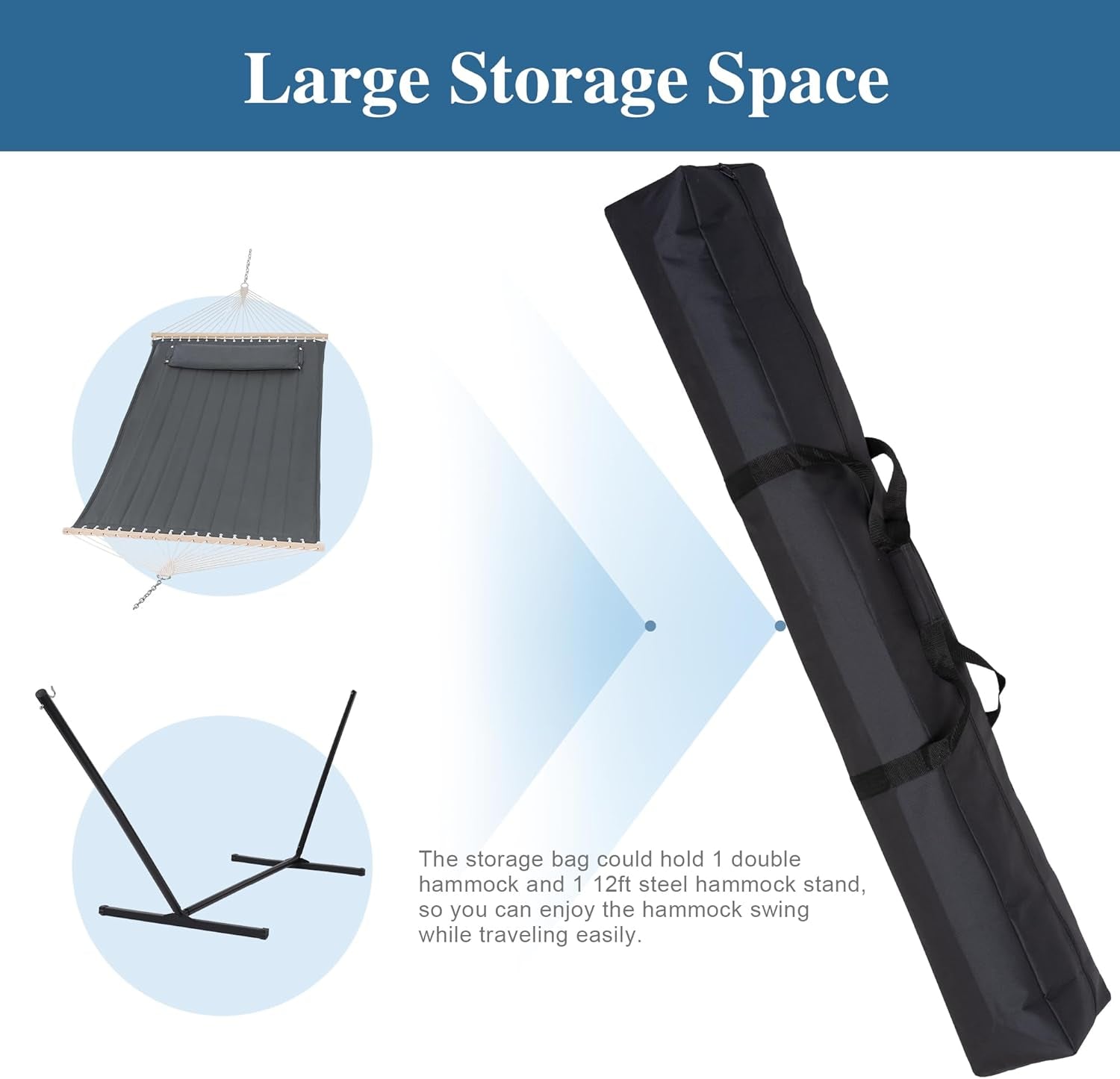 Double Outdoor Hammock with Stand and Heavy Duty Hammock Storage Bag, Extra Large Quilted Fabric Hammock Set