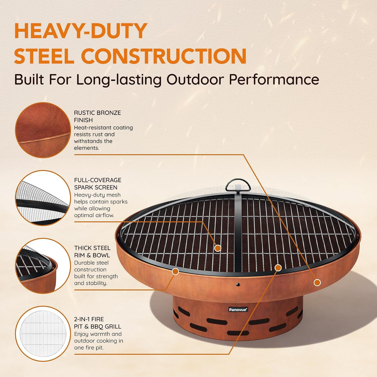32 Inch Fire Pit with 2 Cooking Grills, Spark Screen and Poker