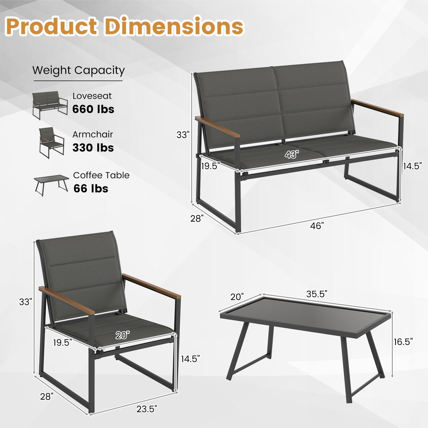4-Piece Outdoor Conversation Patio Furniture Set-Gray