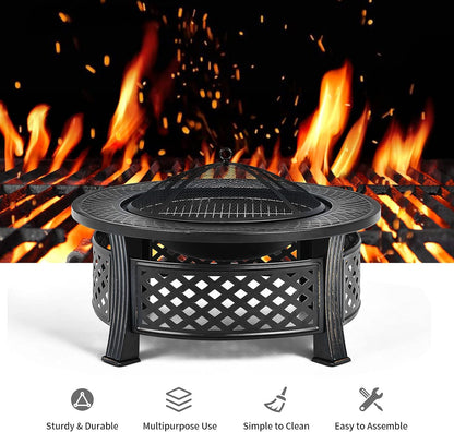 3 in 1 Fire Pit, 32" Outdoor round Wood Burning Fire Pit