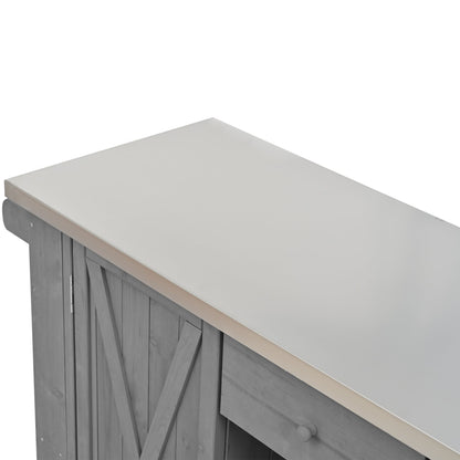 Outdoor Kitchen Island Fir Wood Kitchen Island with Stainless Steel Top, Ample Storage, Towel and Spice Racks, Bottle Opener, Grey