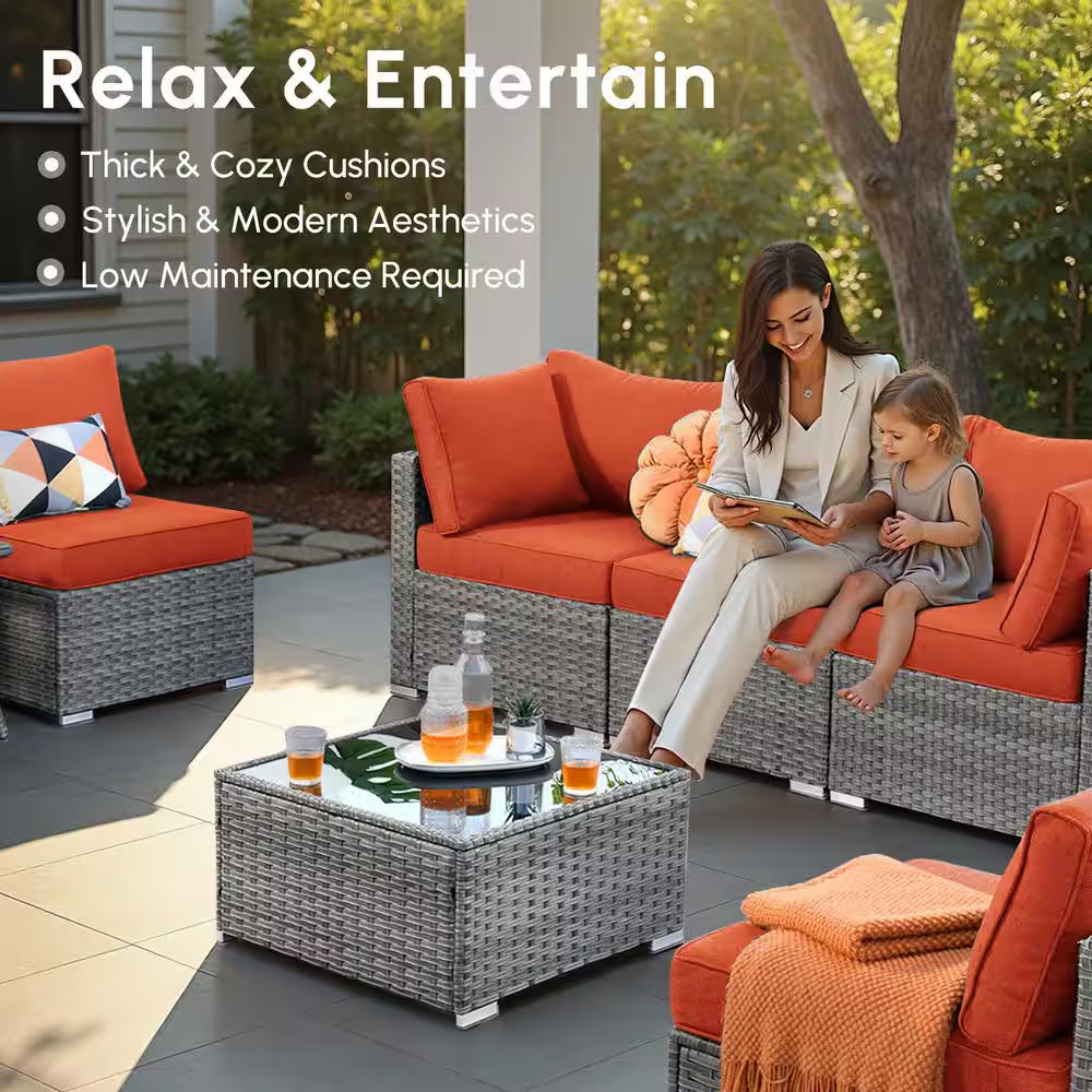 Messi Grey 10-Piece Wicker Patio Conversation Sofa Seating Set with Swivel Rocking Chairs and Orange Red Cushions