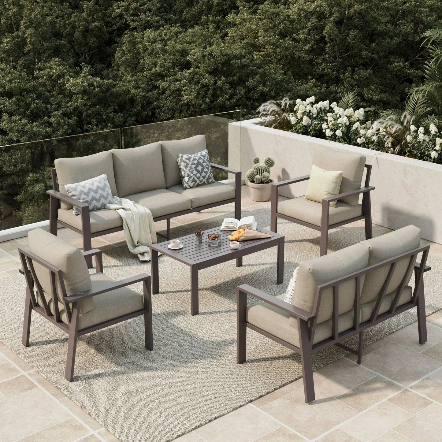 Aluminum Patio Furniture Set, Contemporary Outdoor Couch Set, Aluminum Patio Conversation Set, Beige
