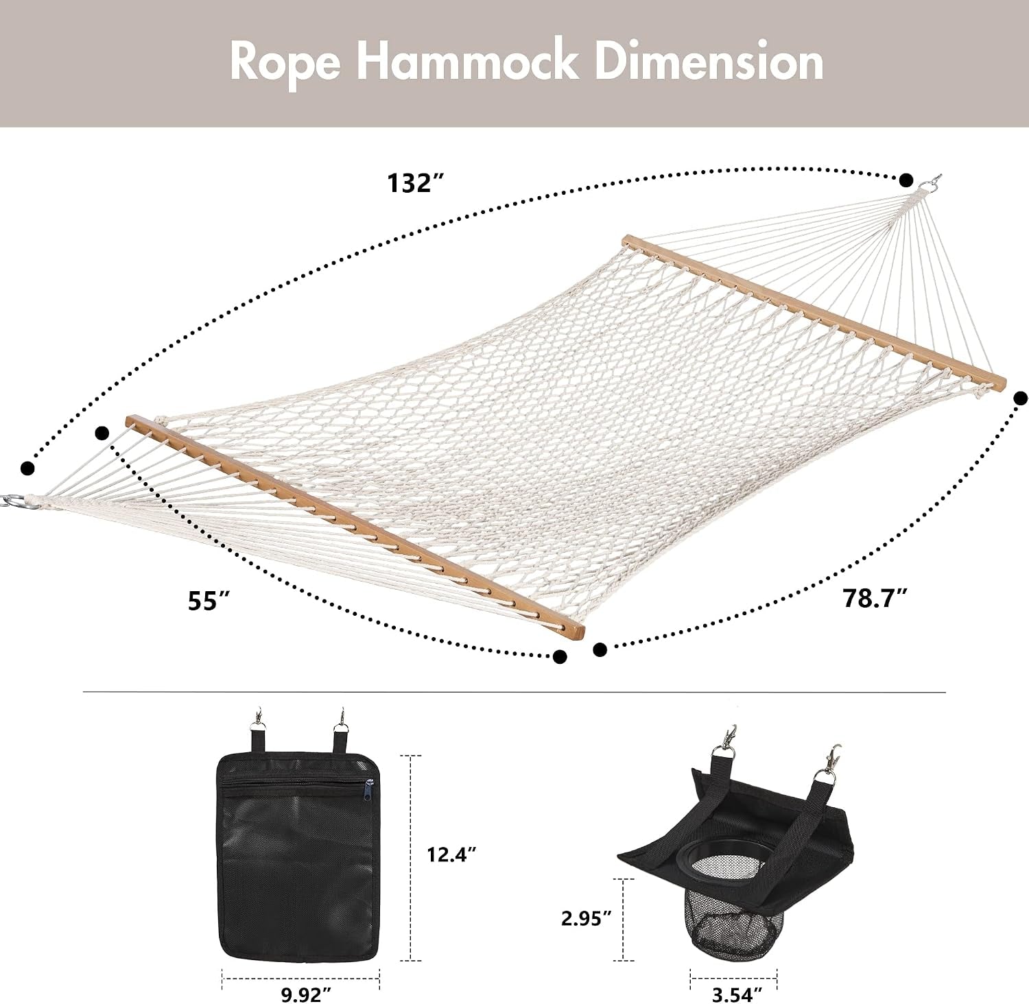 Rope Hammock Double Hammock with Hardwood Spreader Bar and Carrying Bag, 450 LBS Weight Capacity for Two Person, Natural