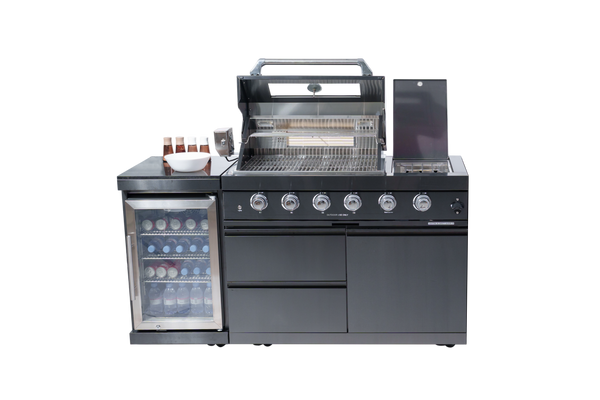 65" 4-Burner 72,000 BTU Black Outdoor Kitchen Island Grill + Wine Cooler + Rotisserie Kit