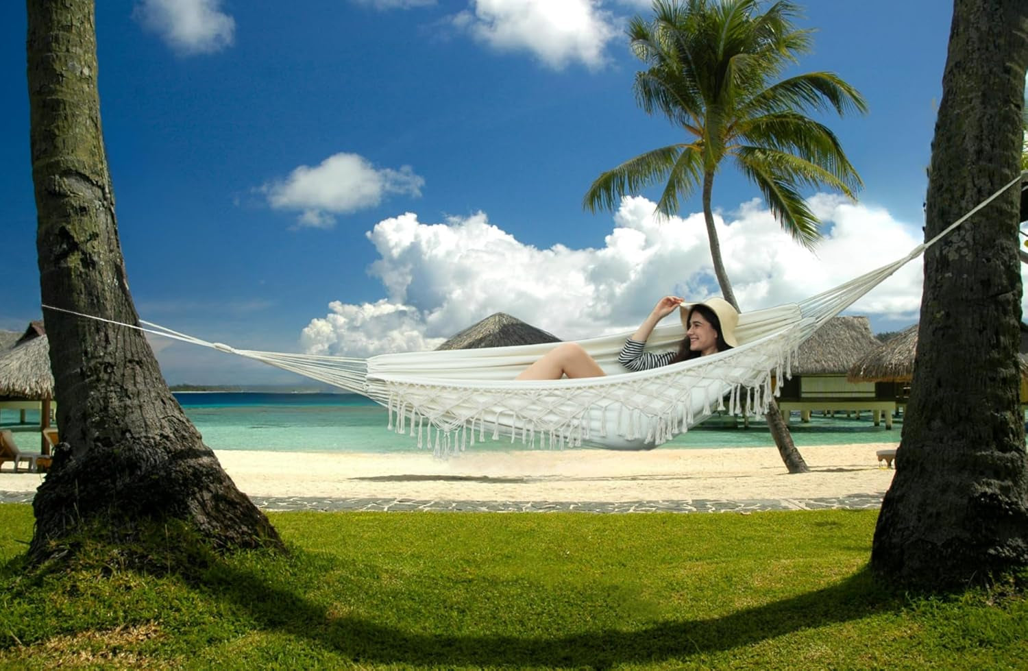 Double Boho Macrame Hammock Cotton Canvas Portable Replacement Hammock 440Lbs Load Capacity White
