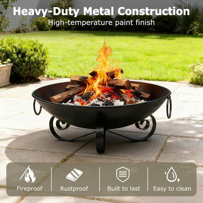 24'' Portable Metal Fire Pit for outside Wood Burning with Handles