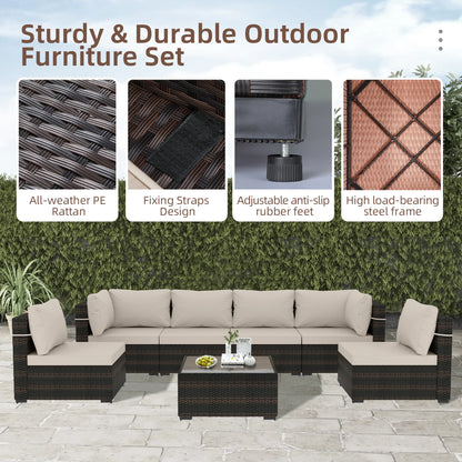 7 -Piece Wicker Patio Conversation Set with Beige Cushions