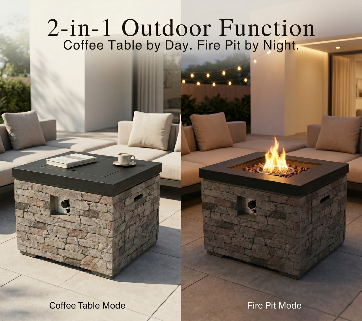 32-Inch Outdoor Fire Pit Table with Lava Rocks - Black Stone Look