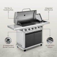 6 Burner Propane Gas Grill and Griddle Combo with Side Burner 740 Sq. In. Large Cooking Area 52,000 but Output BBQ Grill — infographic