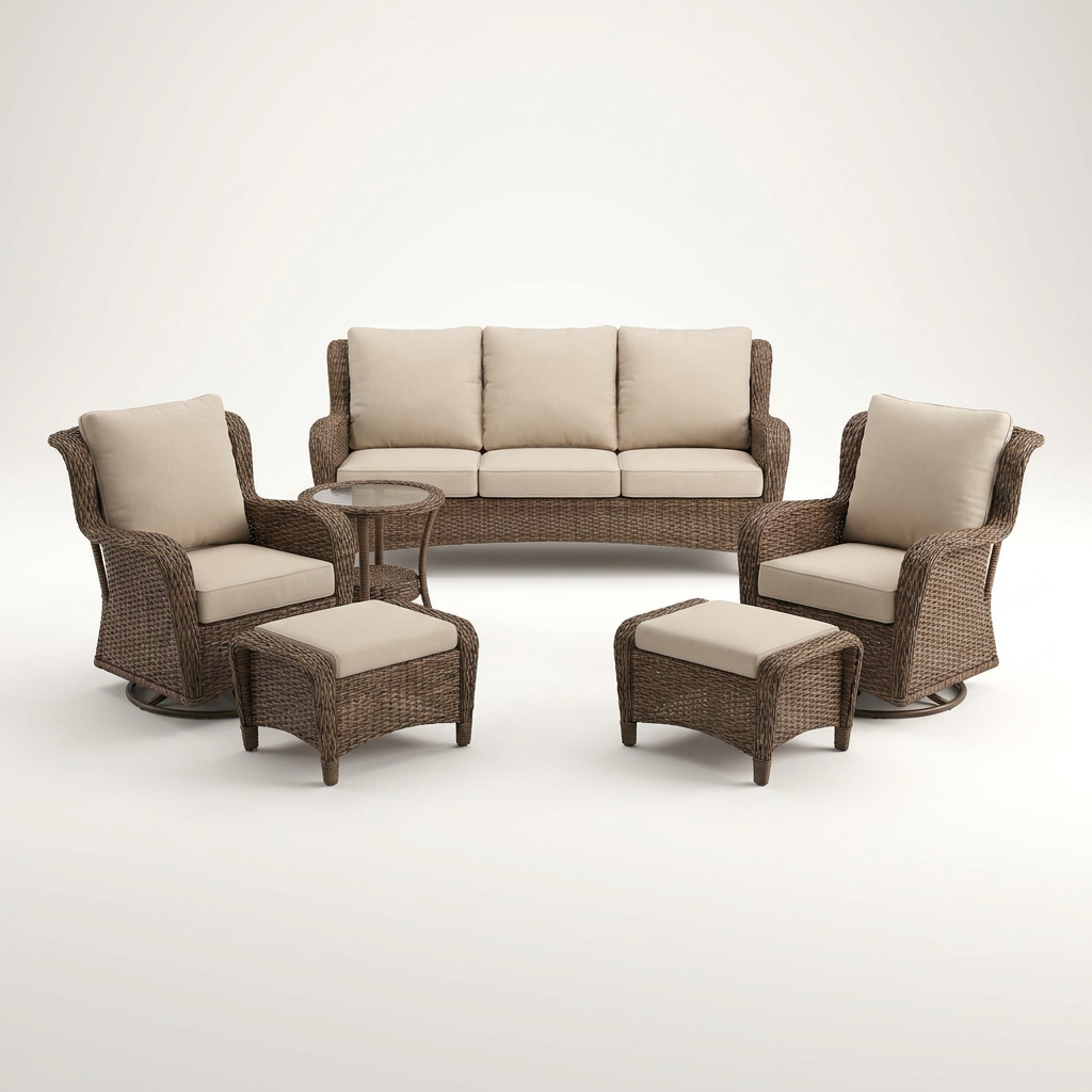 6 Pieces Luxury Outdoor Patio Furniture Sets Outdoor Conversation Sets with Swivel Rocker Patio Chairs with 6" Thick Cushion,Sofa and Glass Coffee Table for Porch Deck Backyard Poolside — Studio Shot