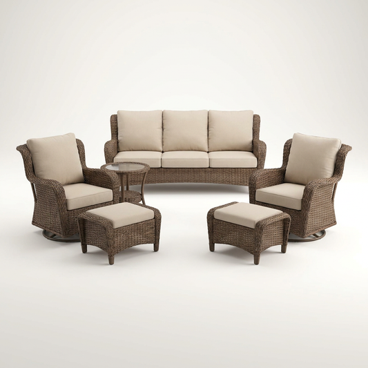 6 Pieces Luxury Outdoor Patio Furniture Sets Outdoor Conversation Sets with Swivel Rocker Patio Chairs with 6" Thick Cushion,Sofa and Glass Coffee Table for Porch Deck Backyard Poolside — Studio Shot