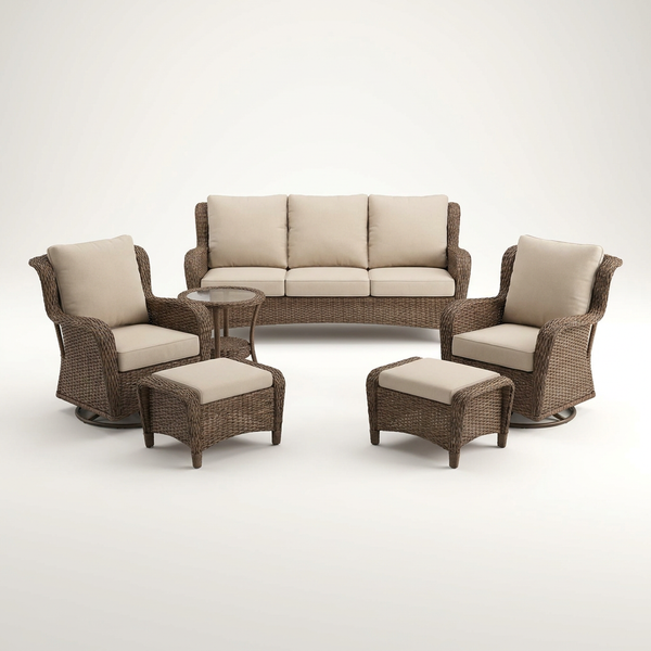6 Pieces Luxury Outdoor Patio Furniture Sets Outdoor Conversation Sets with Swivel Rocker Patio Chairs with 6" Thick Cushion,Sofa and Glass Coffee Table for Porch Deck Backyard Poolside — Studio Shot