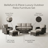 6 Pieces Luxury Outdoor Patio Furniture Sets Outdoor Conversation Sets with Swivel Rocker Patio Chairs with 6" Thick Cushion,Sofa and Glass Coffee Table for Porch Deck Backyard Poolside — infographic