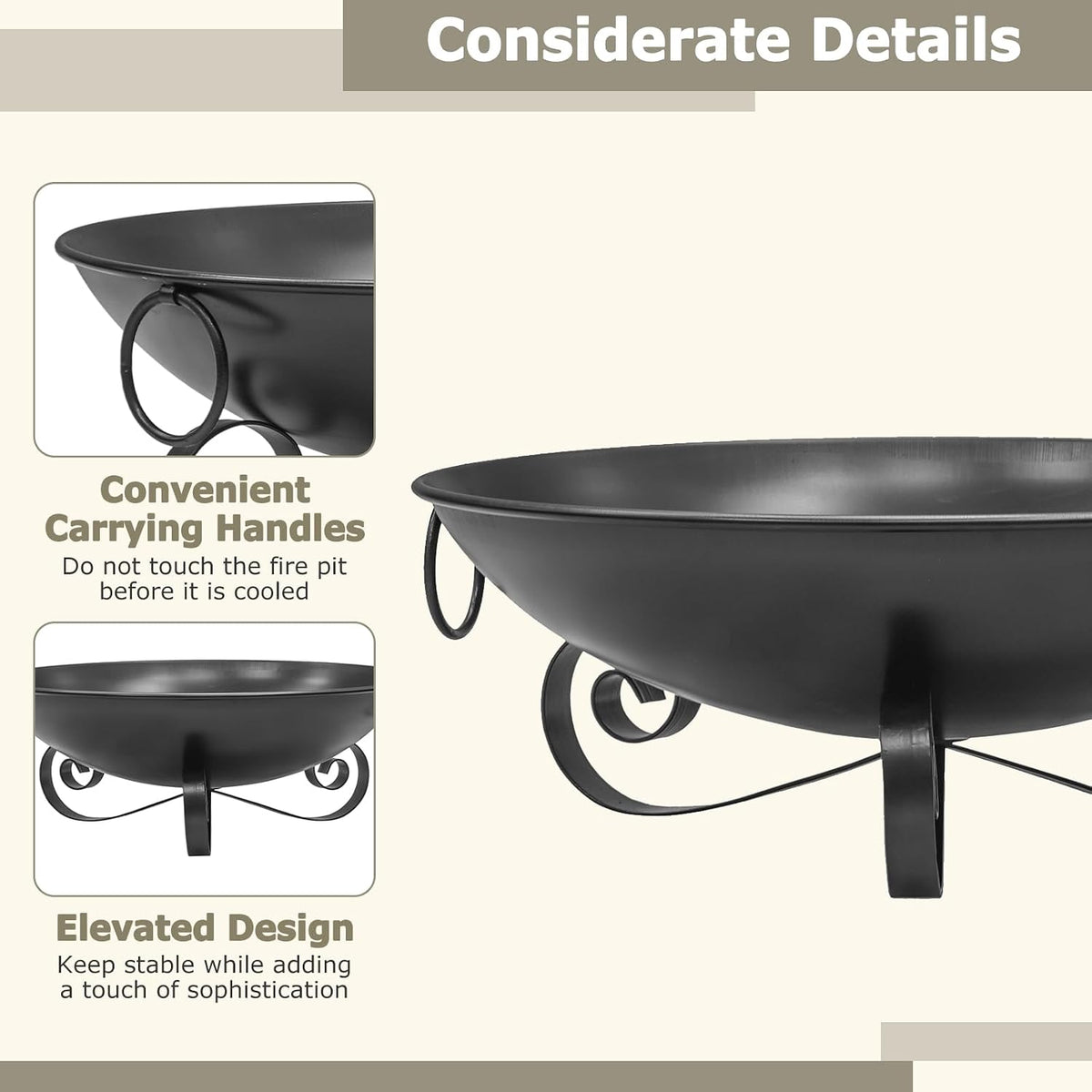 24'' Portable Metal Fire Pit for outside Wood Burning with Handles
