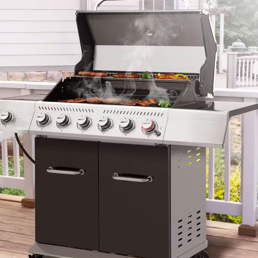 6-Burner BBQ Liquid Propane Gas Grill with Sear Burner and Side Burner, 74,000 BTU, Cabinet Style Grill in Black