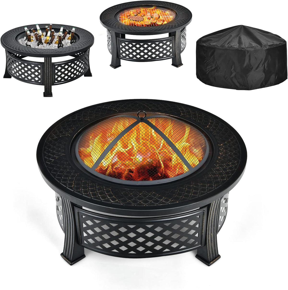 3 in 1 Fire Pit, 32" Outdoor round Wood Burning Fire Pit