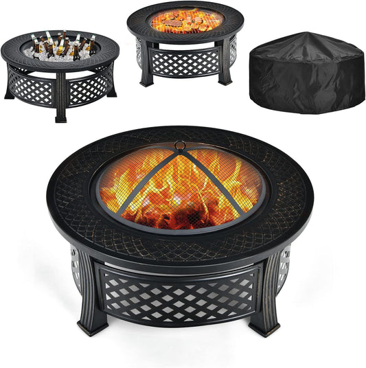 3 in 1 Fire Pit, 32" Outdoor round Wood Burning Fire Pit
