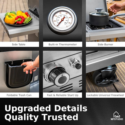 6 Burner BBQ Propane Gas Grill with Side Burner & Porcelain-Enameled Cast Iron Grates, Grill Griddle Combo for Outdoor Barbecue, 740 SQ.IN. Large Cooking Area