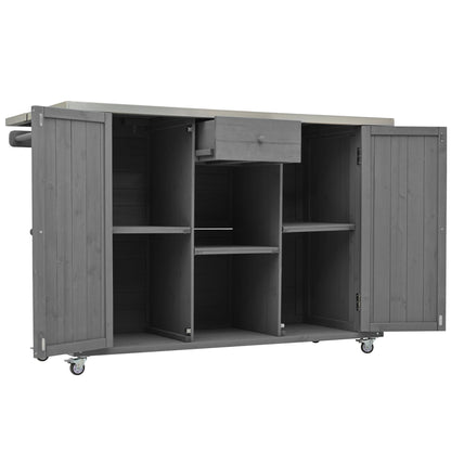 Outdoor Kitchen Island Fir Wood Kitchen Island with Stainless Steel Top, Ample Storage, Towel and Spice Racks, Bottle Opener, Grey