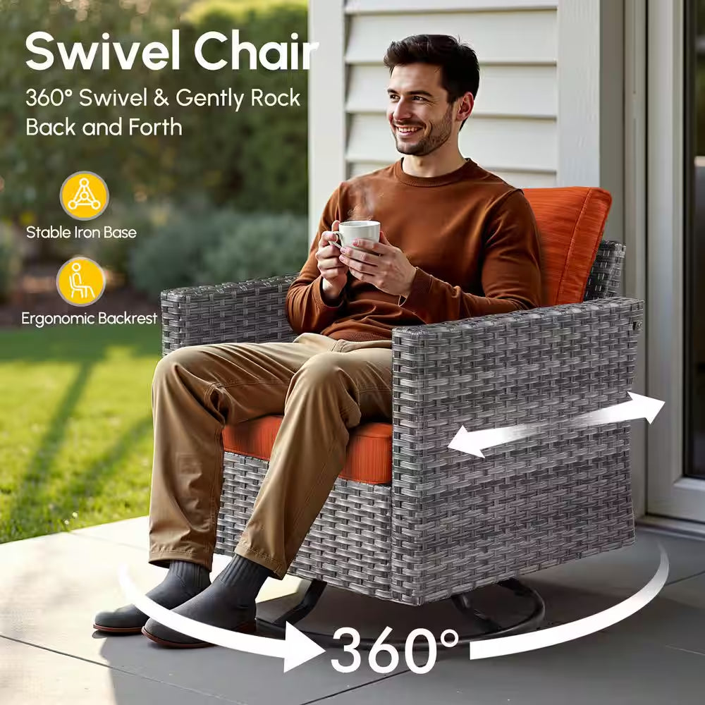 Messi Grey 10-Piece Wicker Patio Conversation Sofa Seating Set with Swivel Rocking Chairs and Orange Red Cushions