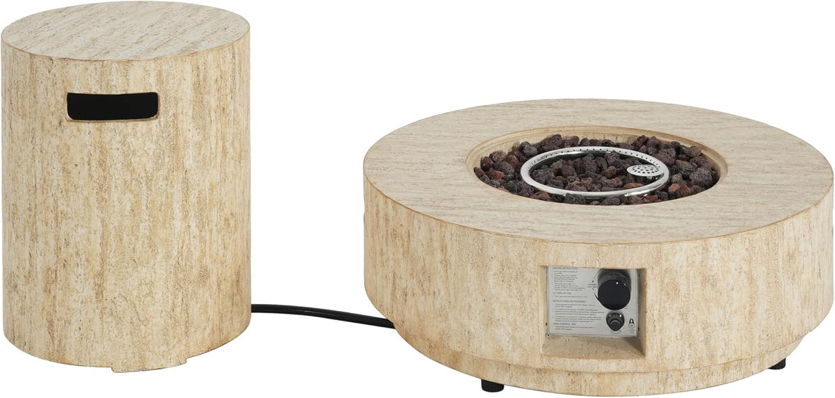 Hearth Outdoor Fire Pit and Tank Holder Set, Lightweight Concrete Tank Table, 40000BTU round Fire Pit, Concrete Patio Fire Table, No Assembly Needed, Travertine Beige