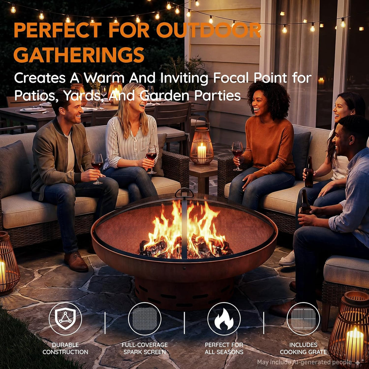 32 Inch Fire Pit with 2 Cooking Grills, Spark Screen and Poker