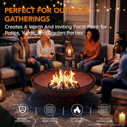 32 Inch Fire Pit with 2 Cooking Grills, Spark Screen and Poker