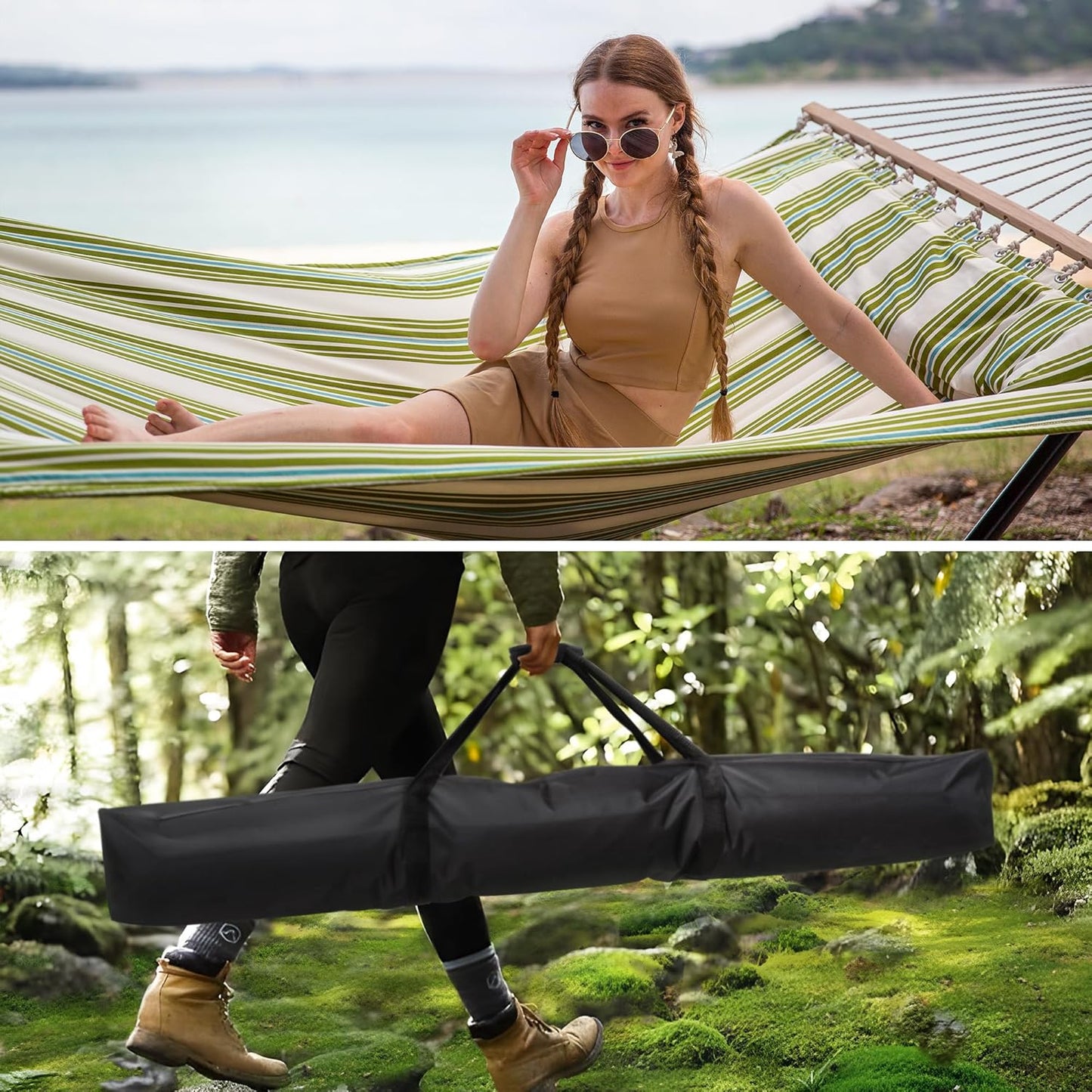 Double Outdoor Hammock with Stand and Heavy Duty Hammock Storage Bag, Extra Large Quilted Fabric Hammock Set