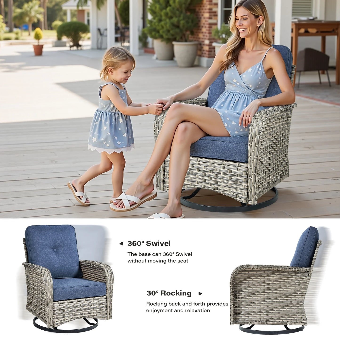 9 Pieces Patio Furniture Set All Weather Wicker Outdoor Conversation Set with 42" Fire Pit outside Furniture Patio Sofa with Swivel Chairs & Solar Table, Denim Blue