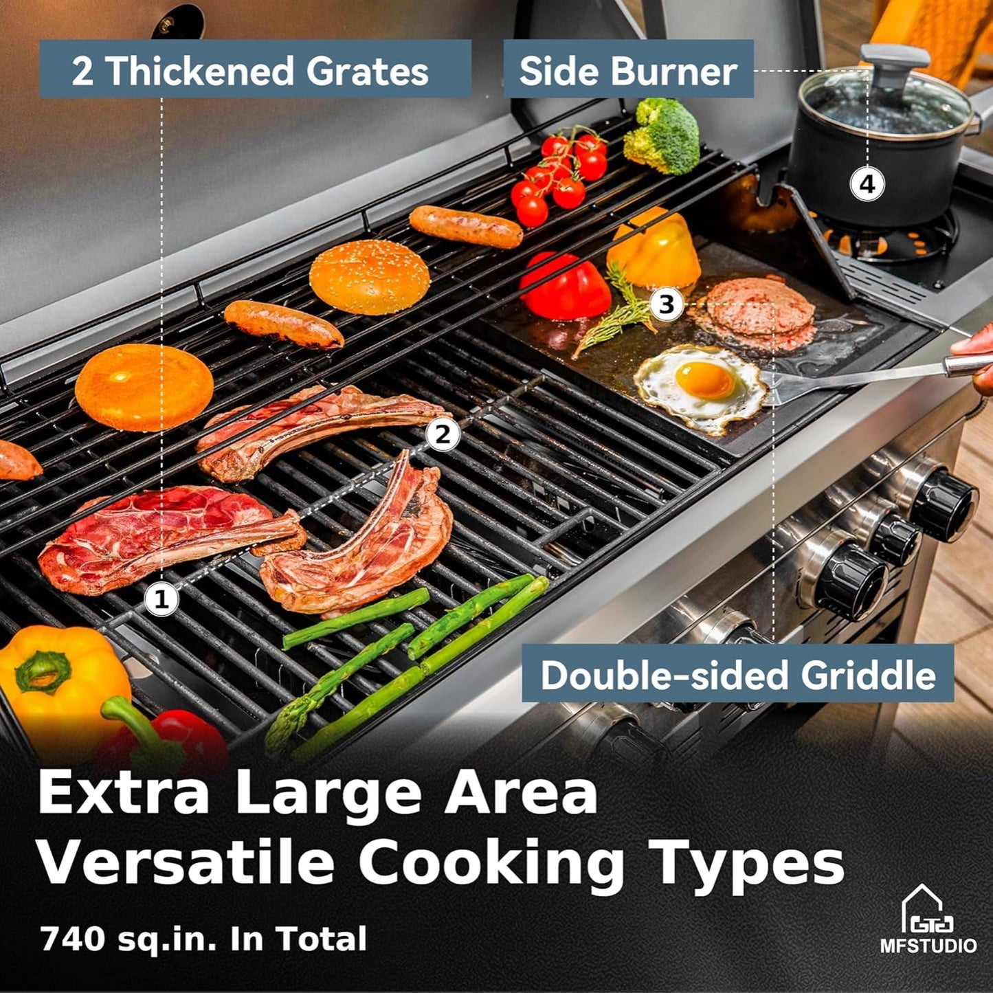 6 Burner BBQ Propane Gas Grill with Side Burner & Porcelain-Enameled Cast Iron Grates, Grill Griddle Combo for Outdoor Barbecue, 740 SQ.IN. Large Cooking Area