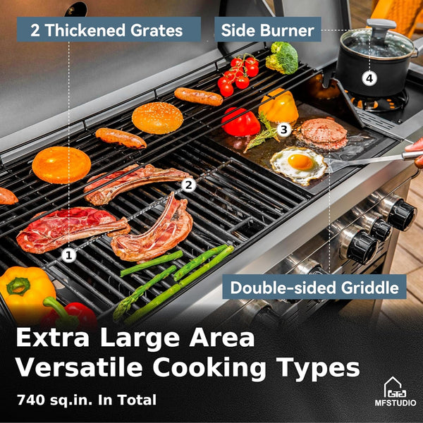 6 Burner BBQ Propane Gas Grill with Side Burner & Porcelain-Enameled Cast Iron Grates, Grill Griddle Combo for Outdoor Barbecue, 740 SQ.IN. Large Cooking Area