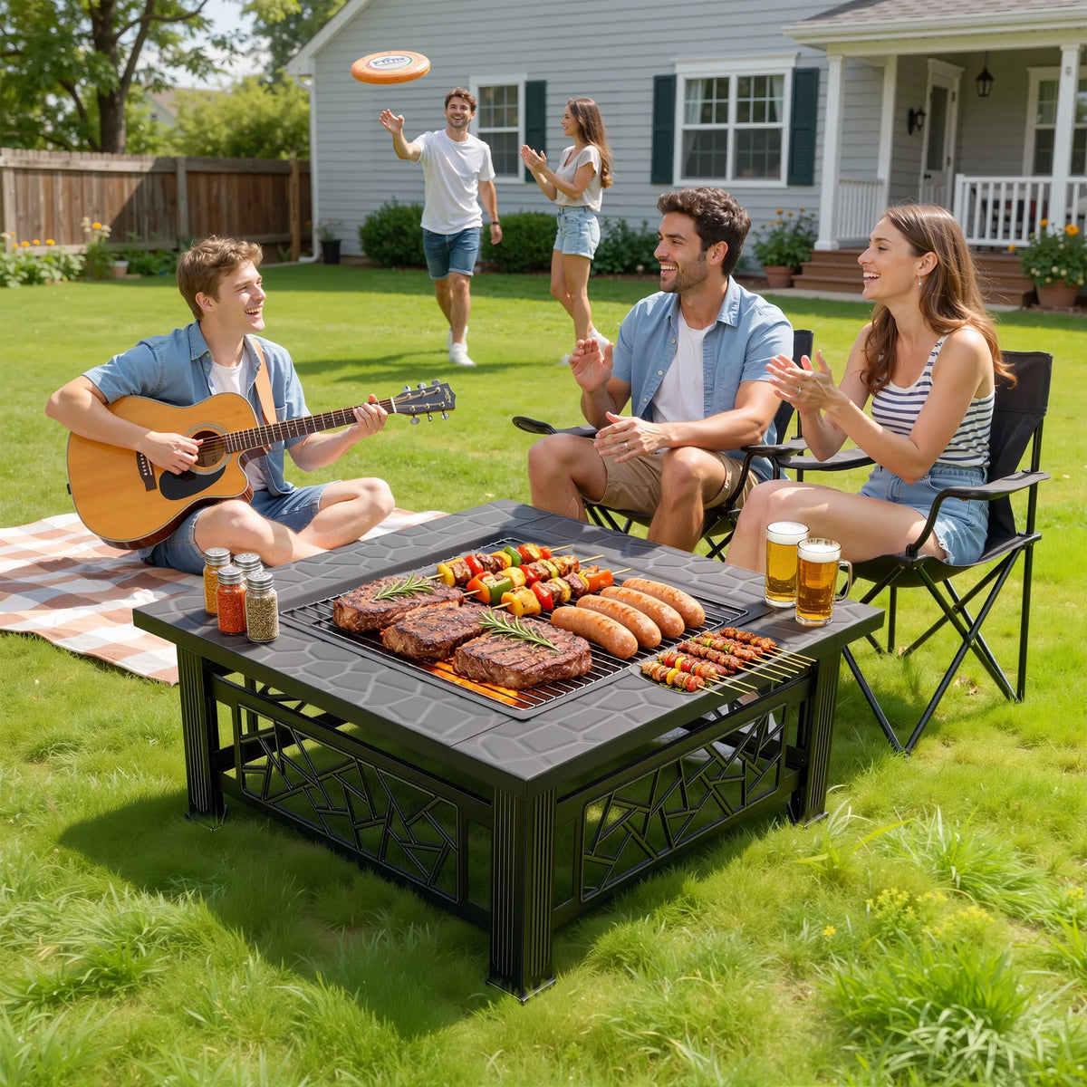 32" Fire Pit Table,  3-In-1 Outdoor Fire Pit with BBQ Grill, Mesh Lid & Cover, Modern Metal Square Wood Burning Fire Pit for Outside, Backyard, Patio & Camping