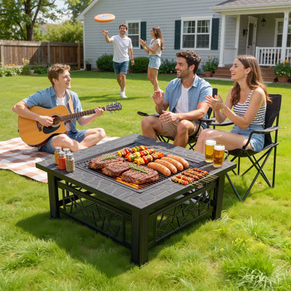32" Fire Pit Table,  3-In-1 Outdoor Fire Pit with BBQ Grill, Mesh Lid & Cover, Modern Metal Square Wood Burning Fire Pit for Outside, Backyard, Patio & Camping