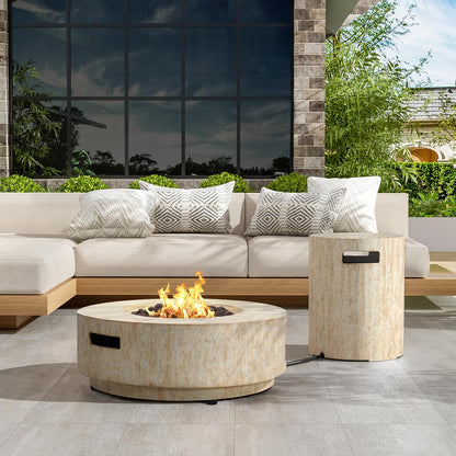 Hearth Outdoor Fire Pit and Tank Holder Set, Lightweight Concrete Tank Table, 40000BTU round Fire Pit, Concrete Patio Fire Table, No Assembly Needed, Travertine Beige