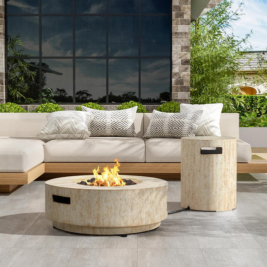 Hearth Outdoor Fire Pit and Tank Holder Set, Lightweight Concrete Tank Table, 40000BTU round Fire Pit, Concrete Patio Fire Table, No Assembly Needed, Travertine Beige