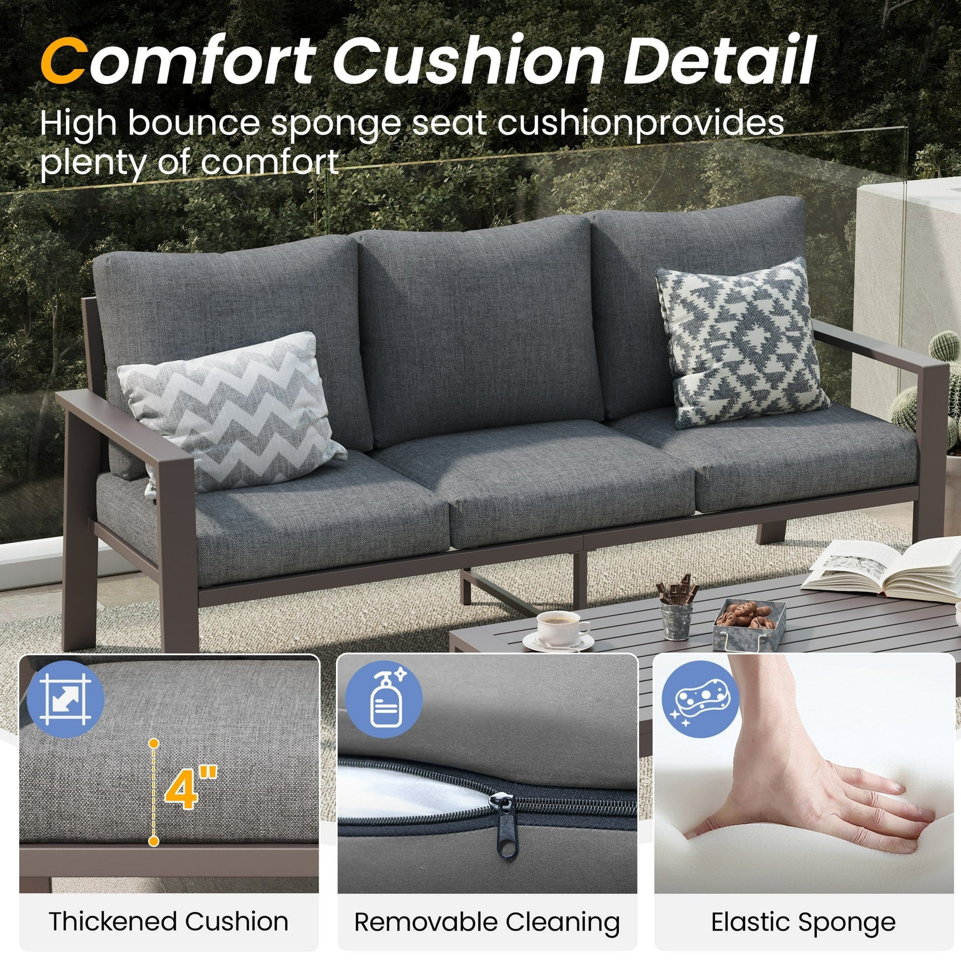 Aluminum Patio Furniture Set, Contemporary Outdoor Couch Set, Aluminum Patio Conversation Set, Gray