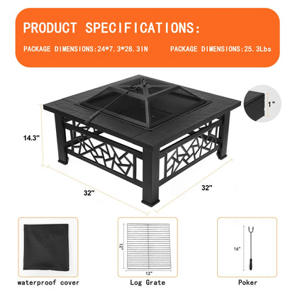 32" Fire Pit Table,  3-In-1 Outdoor Fire Pit with BBQ Grill, Mesh Lid & Cover, Modern Metal Square Wood Burning Fire Pit for Outside, Backyard, Patio & Camping