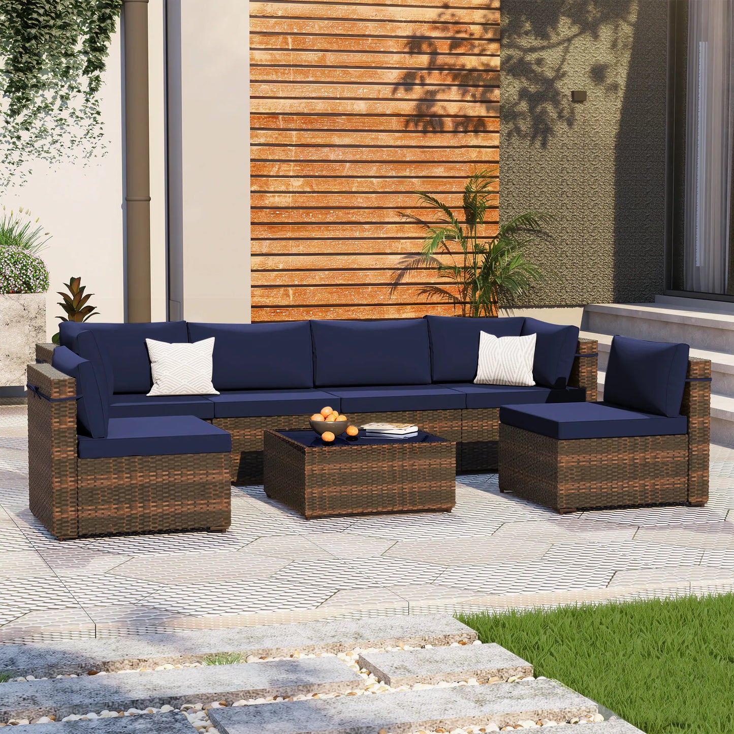 7 -Piece Wicker Patio Conversation Set with Beige Cushions