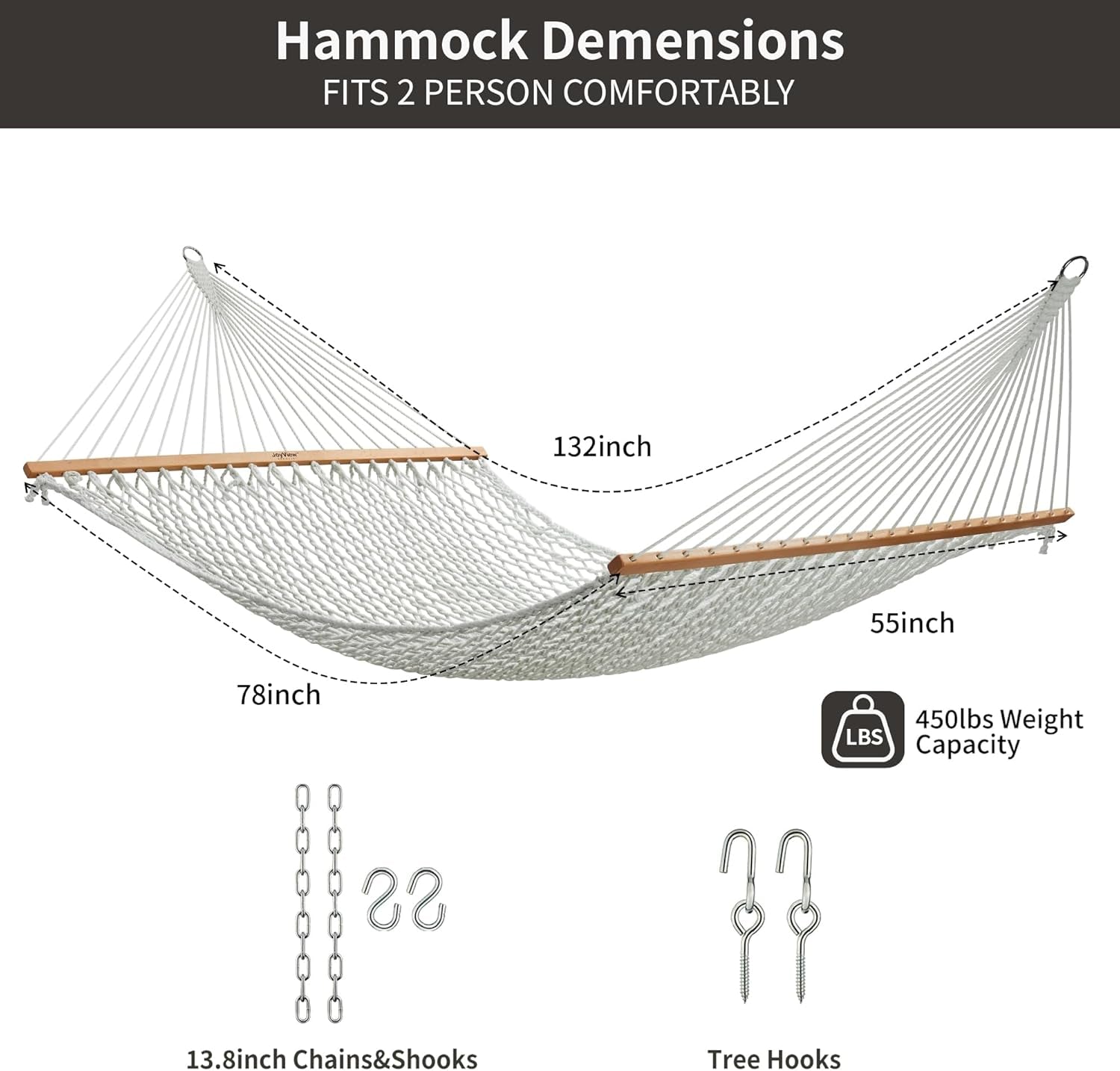 Traditional Rope Double Hammock - Hand Woven Polyester Hammock with Hardwood Spreader Bar 450Lb Capacity for Outdoor Indoor Patio Yard - White