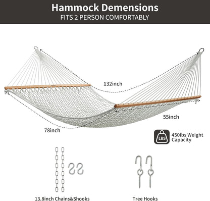 Traditional Rope Double Hammock - Hand Woven Polyester Hammock with Hardwood Spreader Bar 450Lb Capacity for Outdoor Indoor Patio Yard - White