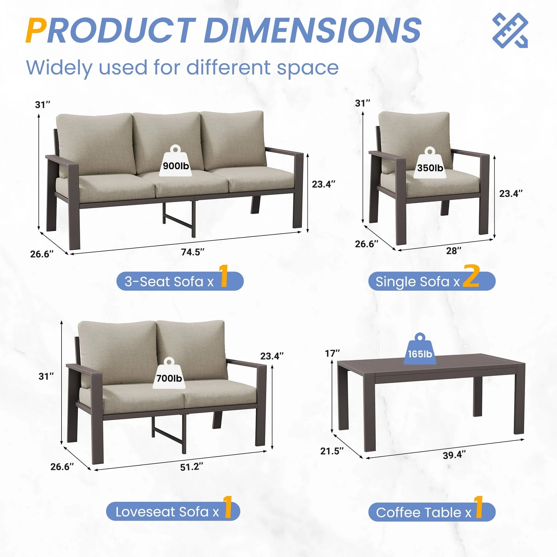 Aluminum Patio Furniture Set, Contemporary Outdoor Couch Set, Aluminum Patio Conversation Set, Beige