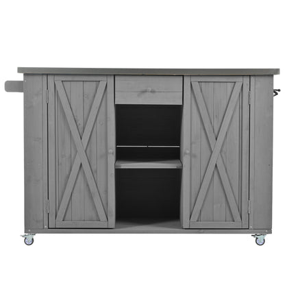 Outdoor Kitchen Island Fir Wood Kitchen Island with Stainless Steel Top, Ample Storage, Towel and Spice Racks, Bottle Opener, Grey
