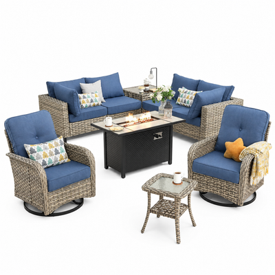 9 Pieces Patio Furniture Set All Weather Wicker Outdoor Conversation Set with 42" Fire Pit outside Furniture Patio Sofa with Swivel Chairs & Solar Table, Denim Blue