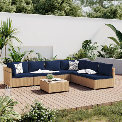 7 -Piece Wicker Patio Conversation Set with Beige Cushions