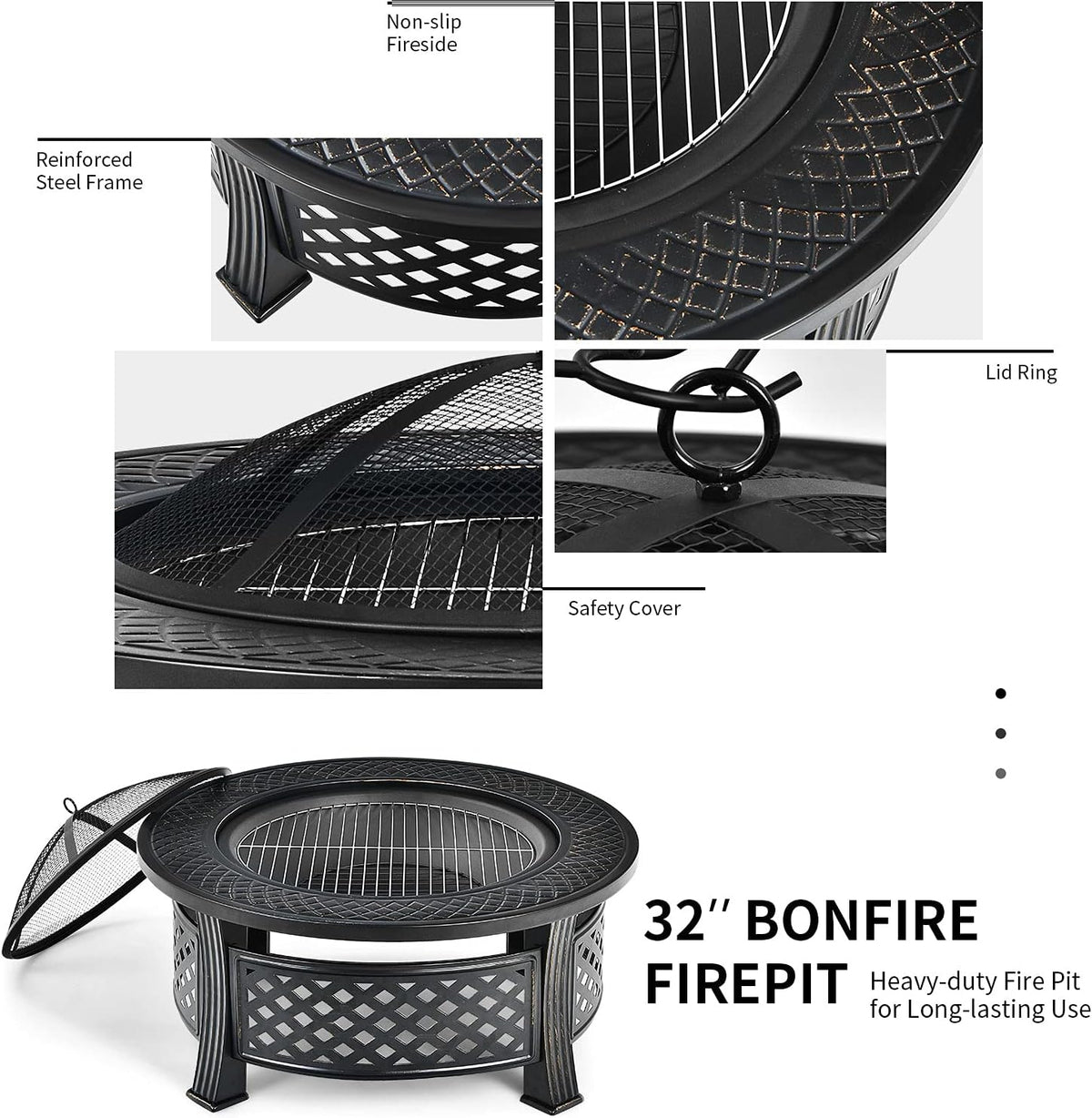 3 in 1 Fire Pit, 32" Outdoor round Wood Burning Fire Pit