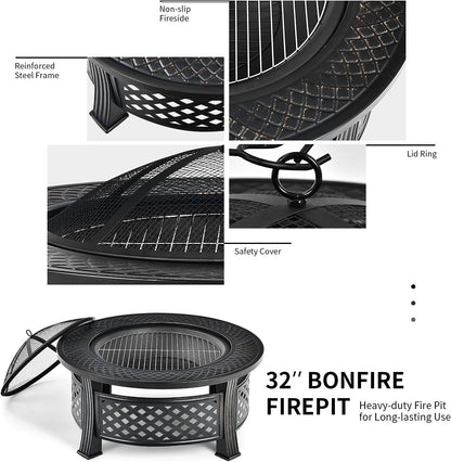 3 in 1 Fire Pit, 32" Outdoor round Wood Burning Fire Pit