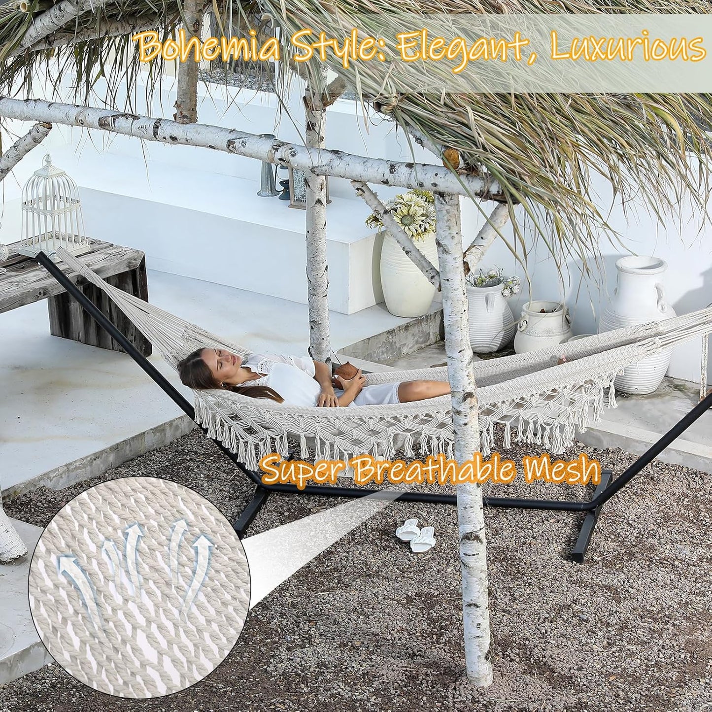 ZEAN Handwoven Hammock with Tassels by Thick Cotton Rope XL Two Person Hammock for outside Patio Backyard Garden Beach 550LB Capacity